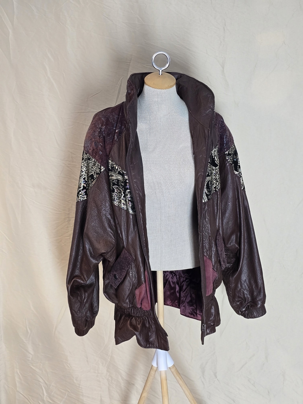 Women's Brown Leather Bomber Jacket with Paisley Panels